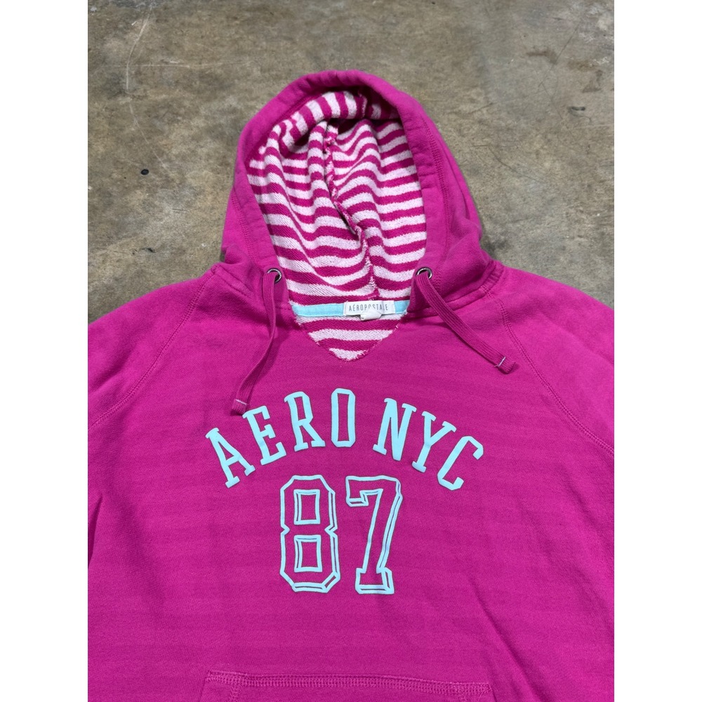 Aeropostale Hoodie Women L‎ Pink Aero NYC 87 Pullover Striped Hood Y2K - Picture 3 of 11